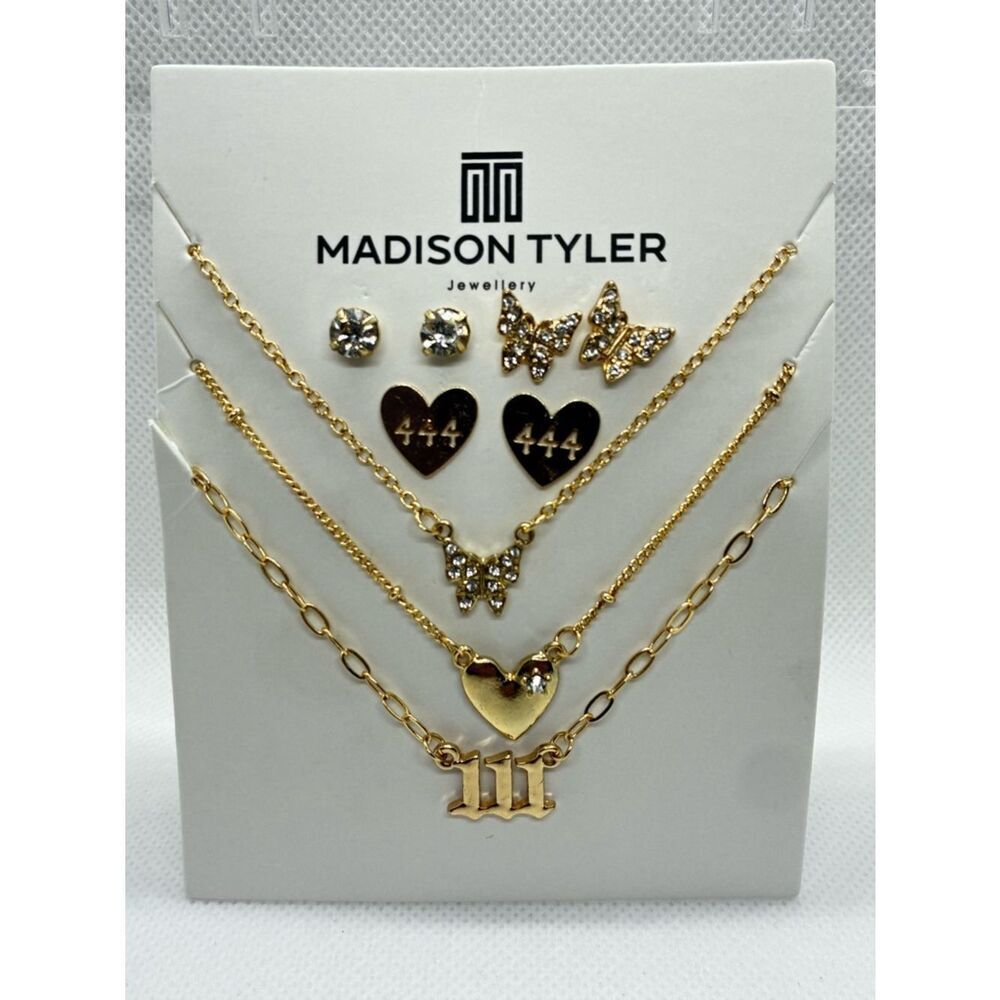 3For$20 Madison Gold-Tone Layered Butterfly Heart Necklace Set w/Studs earrings